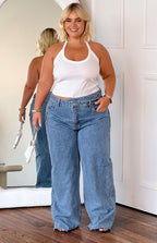 Kansis Blue Uneven Waist Jeans