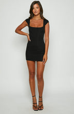 Black bodycon mini dress with a square neckline and short cap sleeves