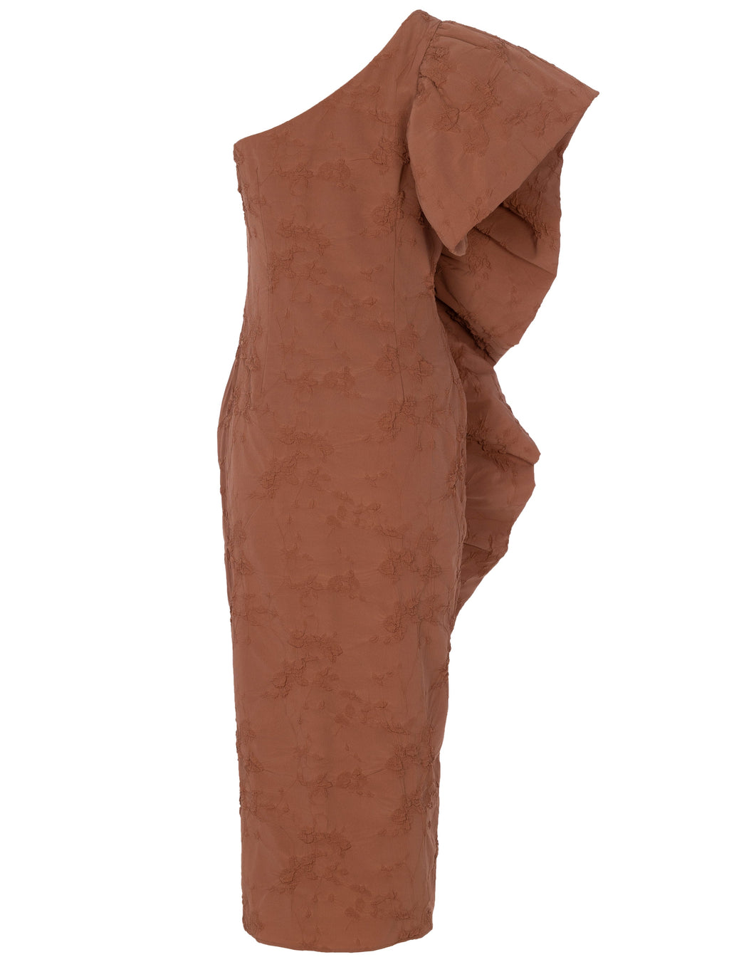 MALCOM MOCA - Vestido asimétrico damasco moca, para invitadas de boda, fiesta y eventos de primvera y verano. MIOH es la marca de vestidos de invitada de boda y fiesta de referencia en España