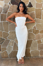 Beginning Boutique Maiah White Maxi Dress white strapless bandeau maxi dress with a fitted bodice and flowy skirt