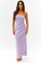 Front view of a lilac strapless maxi dress with a folded bandeau neckline