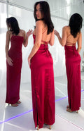 Wine Manhattan Slip Formal Dress in satin with a low criss-cross lace-up back and a high side slit