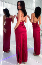 Wine Manhattan Slip Formal Dress in satin with a low criss-cross lace-up back and a high side slit