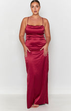 Wine red satin maxi dress with thin spaghetti straps, square neckline, and a side leg slit
