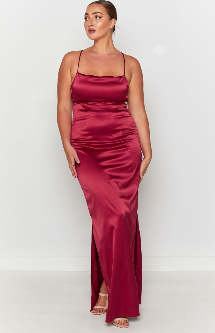 Wine satin maxi dress with thin spaghetti straps, cowl neckline, and a side leg slit