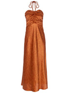 OPHELIA MARBLE - Vestido jacquard satinado anudado al cuello midi, perfecto para invitadas de boda y fiesta spring summer. MIOH es la marca española de vestidos de fiesta para invitadas de boda más de moda en España