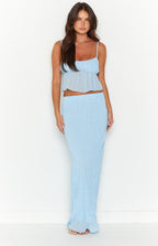 Full length front view of a light blue crinkled maxi skirt with a simple waistband