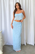 Light blue crinkled maxi skirt with a straight, fitted silhouette