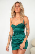 Beginning Boutique Trouble Emerald Mini Dress emerald satin bodycon mini dress with lace trim sweetheart neckline and spaghetti straps