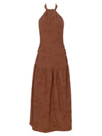VERONA MOCA - Vestido cuello halter con volante damasco moca, perfecto para invitadas de boda y fiesta spring summer. MIOH es la marca española de vestidos de fiesta mas de moda, preferida por influencers y famosas de España