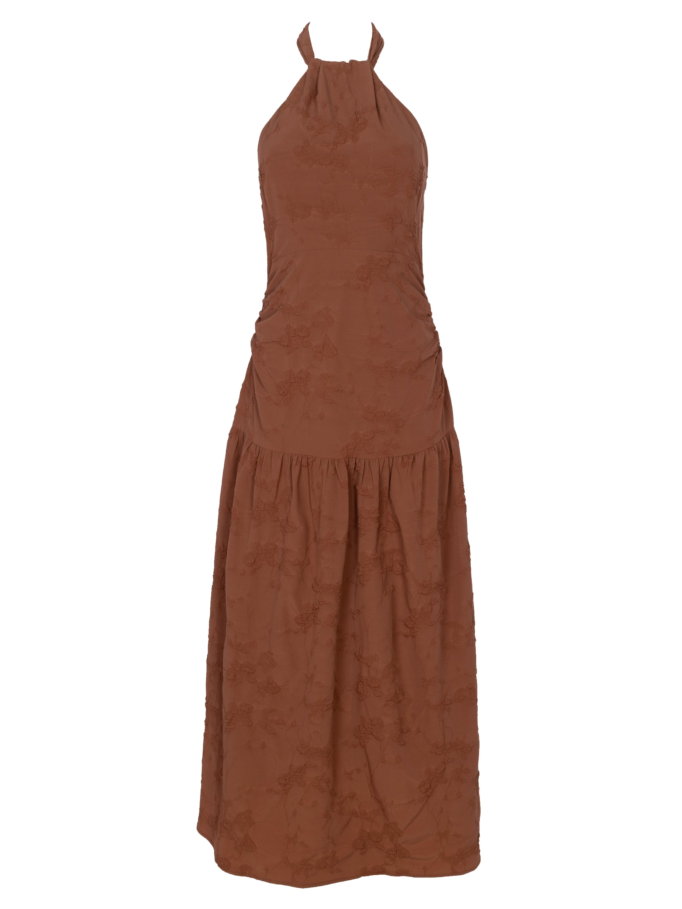 VERONA MOCA - Vestido cuello halter con volante damasco moca, perfecto para invitadas de boda y fiesta spring summer. MIOH es la marca española de vestidos de fiesta mas de moda, preferida por influencers y famosas de España