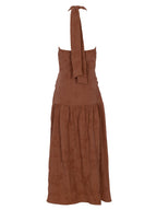 VERONA MOCA - Vestido cuello halter con volante damasco moca, perfecto para invitadas de boda y fiesta spring summer. MIOH es la marca española de vestidos de fiesta mas de moda, preferida por influencers y famosas de España