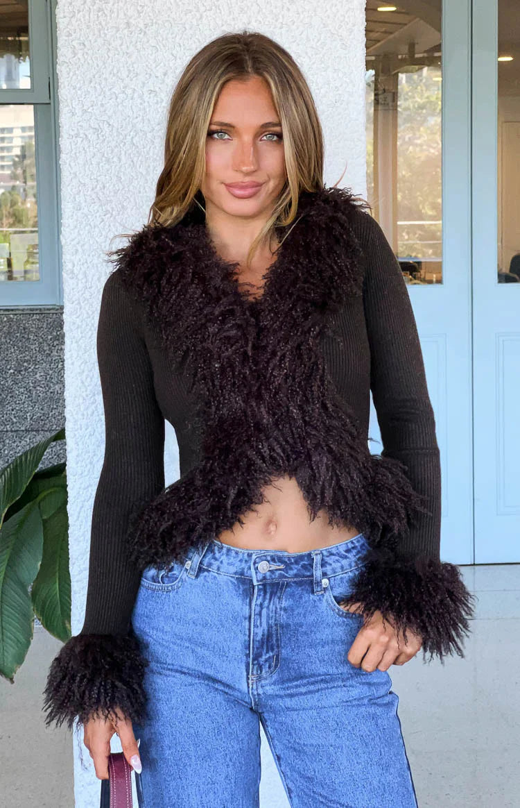 Beginning Boutique Violetta Chocolate Fur Trim Knit Cardigan chocolate ribbed knit cardigan with fur trim V-neck, cuffs, and