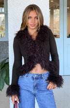 Beginning Boutique Violetta Chocolate Fur Trim Knit Cardigan chocolate ribbed knit cardigan with fur trim V-neck, cuffs, and