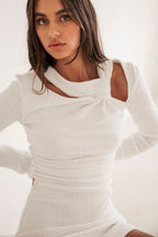 White Ribbed Long Sleeve A Line Mini Aster Dress