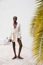 Beige Long Sleeve Mini Wrap Asoka Dress