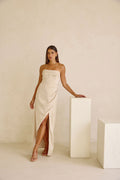 Champagne Strapless Ruched Midi Pela Midi Dress