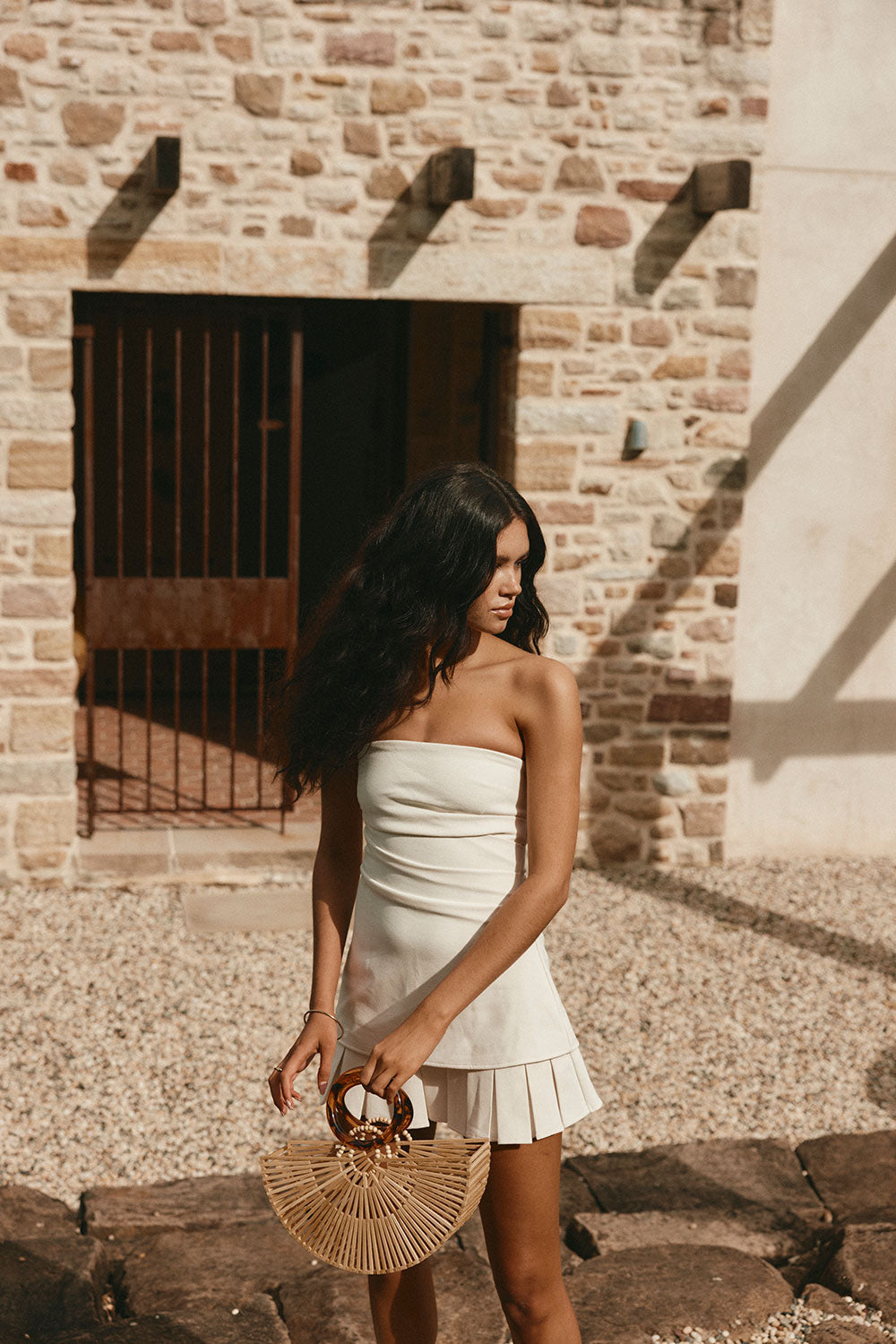 White Strapless Pleated Mini Izel Dress