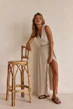 Beige and Black Pinstripe V Neck Maxi Cipriana Dress