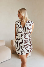 Cream Floral Fleur Lines Print V Neck Mini Amaya Dress