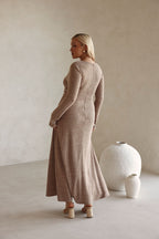 Tan Long Sleeve Cut Out V Neck Maxi Belora Dress