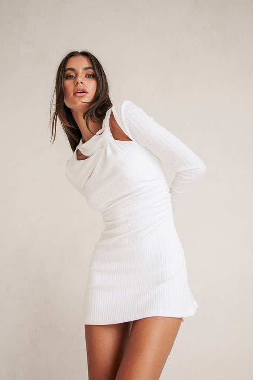 White Ribbed Long Sleeve A Line Mini Aster Dress