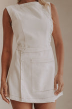 Alexi Button Mini Dress - White, Brown trim