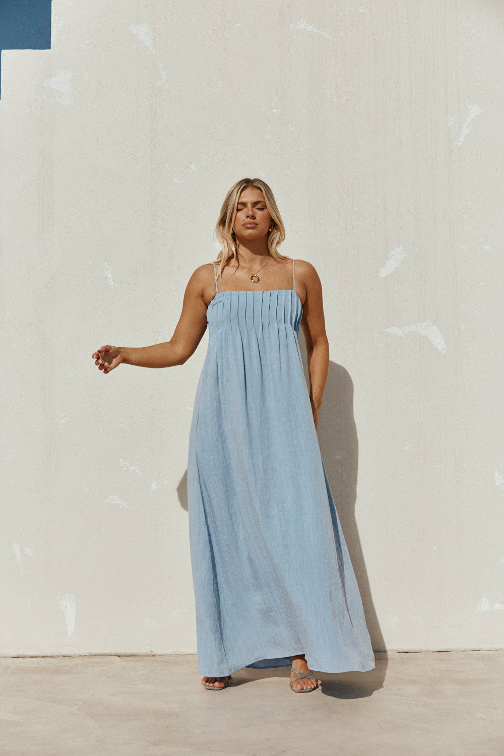 Blue Pin Tuck Pleat Maxi Ada Dress