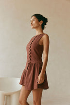 Alfresco Button Flounce Mini Dress - Chocolate