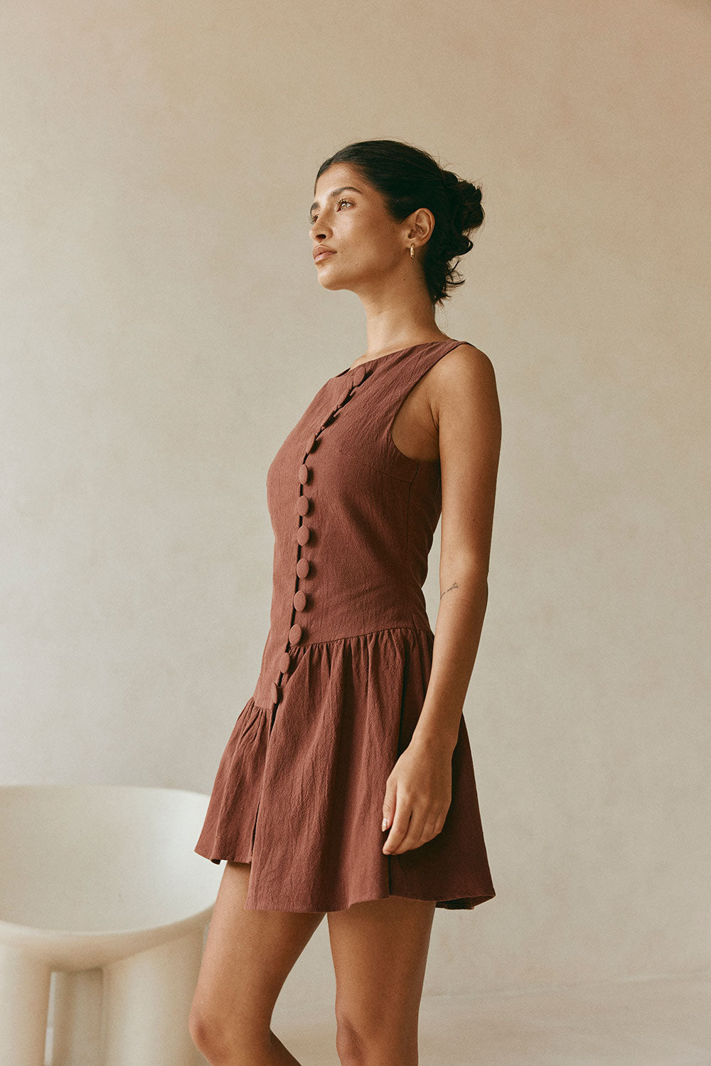 Alfresco Button Flounce Mini Dress - Chocolate