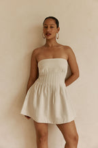 Beige Strapless Pin Tick Mini Tabi Dress