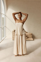 Beige Boxy Pleated Maxi Aviana Dress