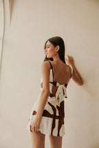 Ellis Thick Strap Cutout Tie Mini Dress - Brown, White Sunroom Chocolate Print