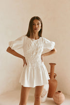 White Cotton Ruched Mini Lou Dress