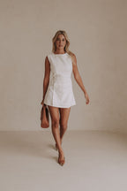Alexi Button Mini Dress - White, Brown trim