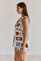 Blue Solis Sea Shell Print V Neck Mini Adi Dress
