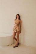 Sweeney Thin Strap Wrap Overlay Backless Mini Dress - Brown