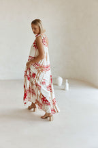 Cream Moana Red Print One Shoulder Maxi Avani Dress