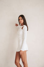 White Ribbed Long Sleeve A Line Mini Aster Dress