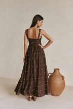 Chocolate Speck Polka Dot Pin Tuck Maxi Flores Dress
