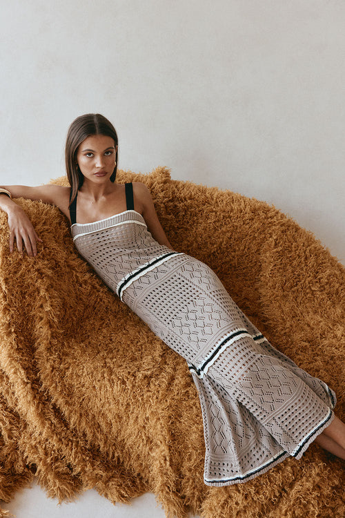 Tan Crochet Knit A Line Maxi Aliana Dress
