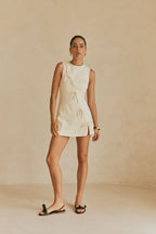 Cream Denim A-Line Bow Mini Kapri Dress