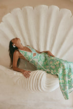 Green Floral Heritage Print V Neck Maxi Evia Dress