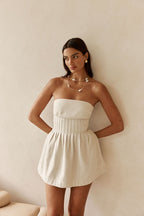 Beige Strapless Pin Tick Mini Tabi Dress