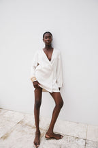 Beige Long Sleeve Mini Wrap Asoka Dress