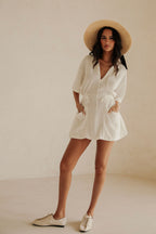 White V Neck Ruched Tie Mini Chiva Dress