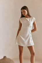 Beige Button Flared Mini Leighton Dress