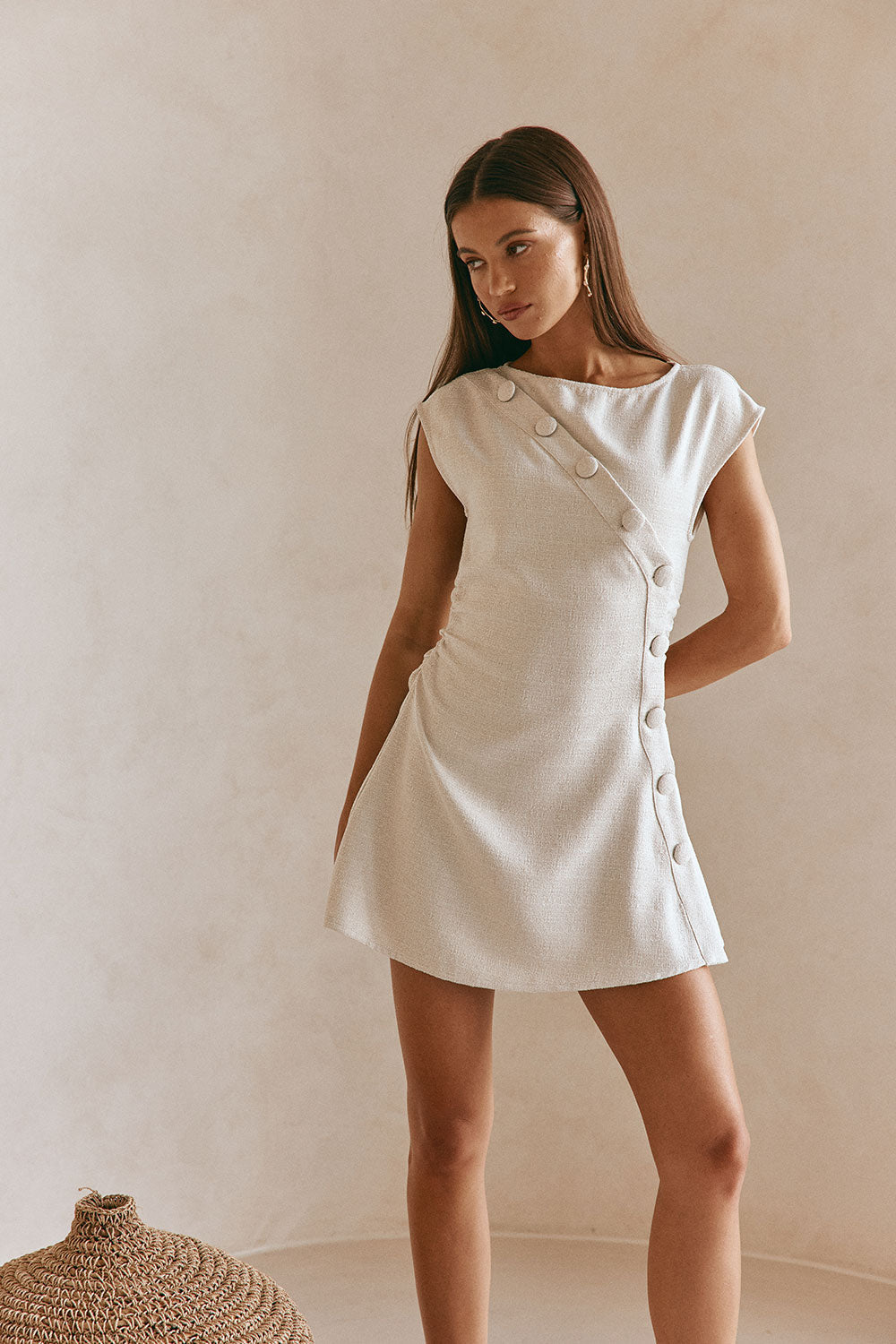 Beige Button Flared Mini Leighton Dress