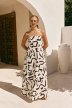 Cream Floral Fleur Lines Print Strapless Noah Dress