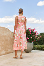 Pink Florero Print V Neck Midi Mira Dress